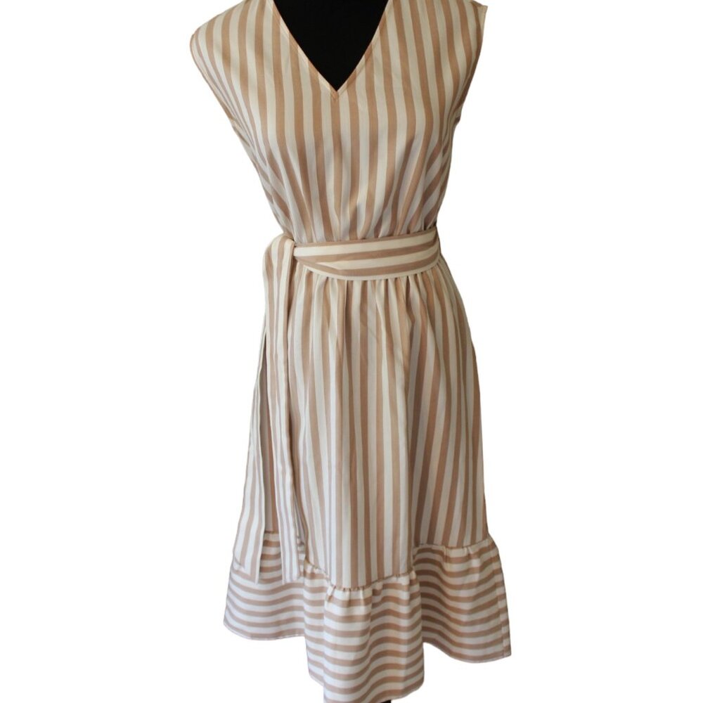 Ann Taylor Factory Tan White Striped Sleeveless Midi Dress Tie Belt XSP NWOT'S